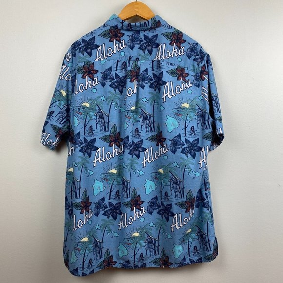 Croft & Barrow Button Up Shirt L Men Blue Short Sleeve Cotton Island Print Aloha - Picture 5 of 9